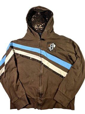 VTG Y2K Lee Pipes Racer Stripe Brown Full Zip Hoodie Sz L Grunge Pinkman Opium